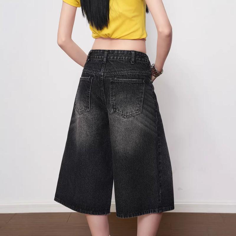 High-Waisted Washed Black Grey Denim Cropped Wide-Leg Pants Women Straight Fit 2026