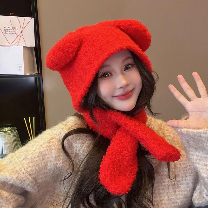 Japanese Cute Winter Bear Color Blocking Ear Knitted Strap Lei Feng Hat Autumn and Winter Warm Ear Protection Wool Hat