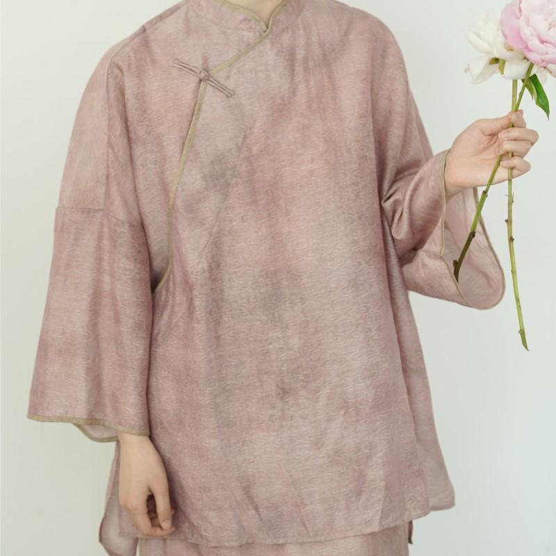 Johnature Women Chinese Style Shirts Solid Color Stand Tops Vintage Blend Summer Blouses Seven Sleeve Button Shirts