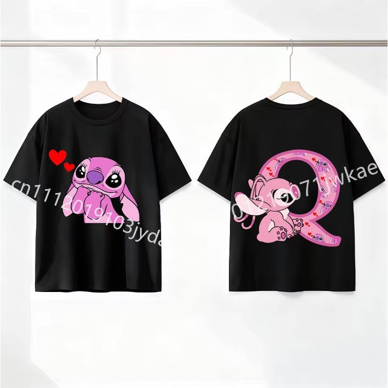 Stitch Angel Letter A-Z Cartoon Black Kids Pink T Shirt Summer Cute Boys and Girls Short-Sleeve Top Casual Breathable Clothing