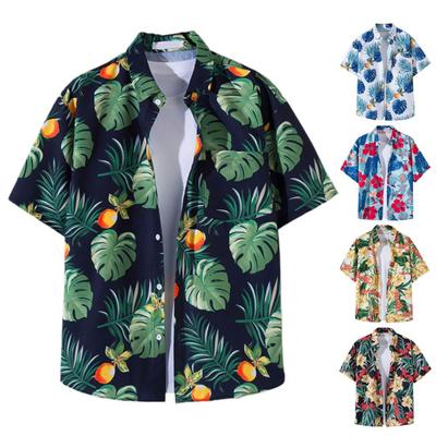 Casual Lapel Short Sleeve Buttons Closure Men Shirt Summer Floral Leaves Printed Thin Hawaiian Beach Shirt Streetwear