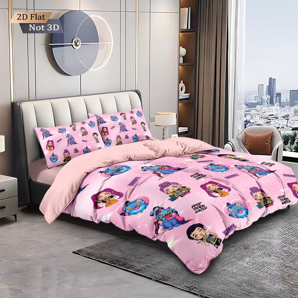 3pcs K-Pop Demon Hunters Print Coreless Down Duvet Cover Various Sizes Soft Bedroom Bedding Decoration, Machine Washable
