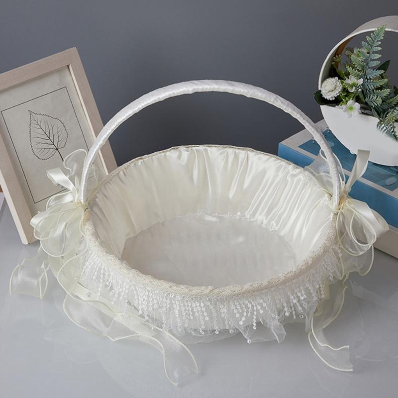 White Ruffle Flower Girl Basket with Lace and White Ribbon for Various Wedding Themes For Wedding Day