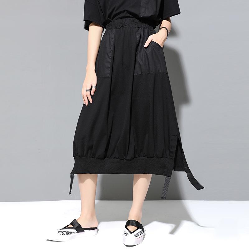 Summer Women's Dark Cold Style A-Line Skirt with Slit, Patch Pocket, and Elastic Waist