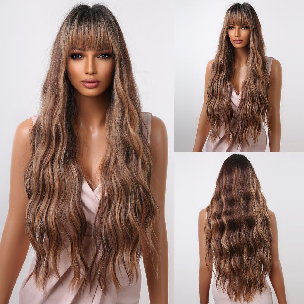 Synthetic Long Curly Highlight Wigs With Bangs Mixed Chocolate Brown Golden Blonde Hair Wigs for Black Women Afro Heat Resistant