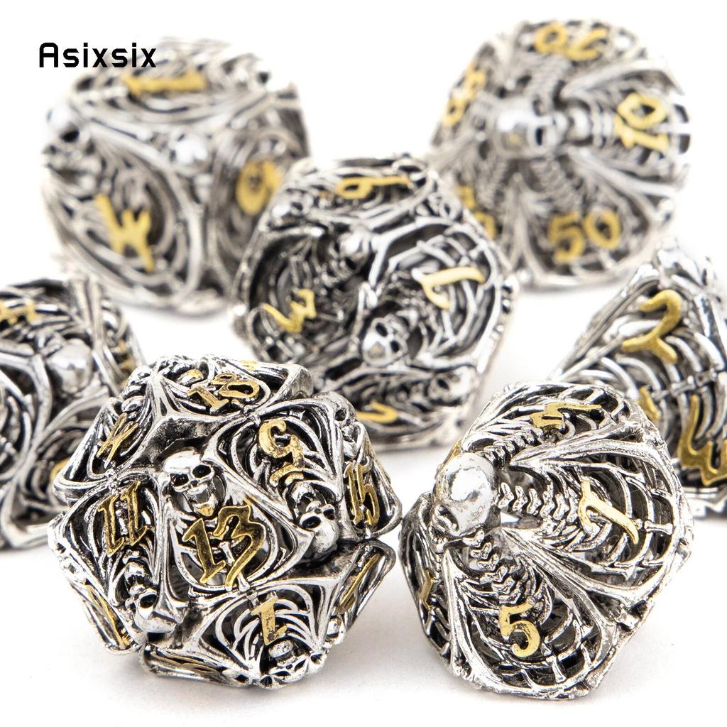 7 Pcs Silver Golden Skull Metal Dice Hollow Metal Polyhedral Dice Set Suitable for Role-Playing RPG  Board Game Card Game