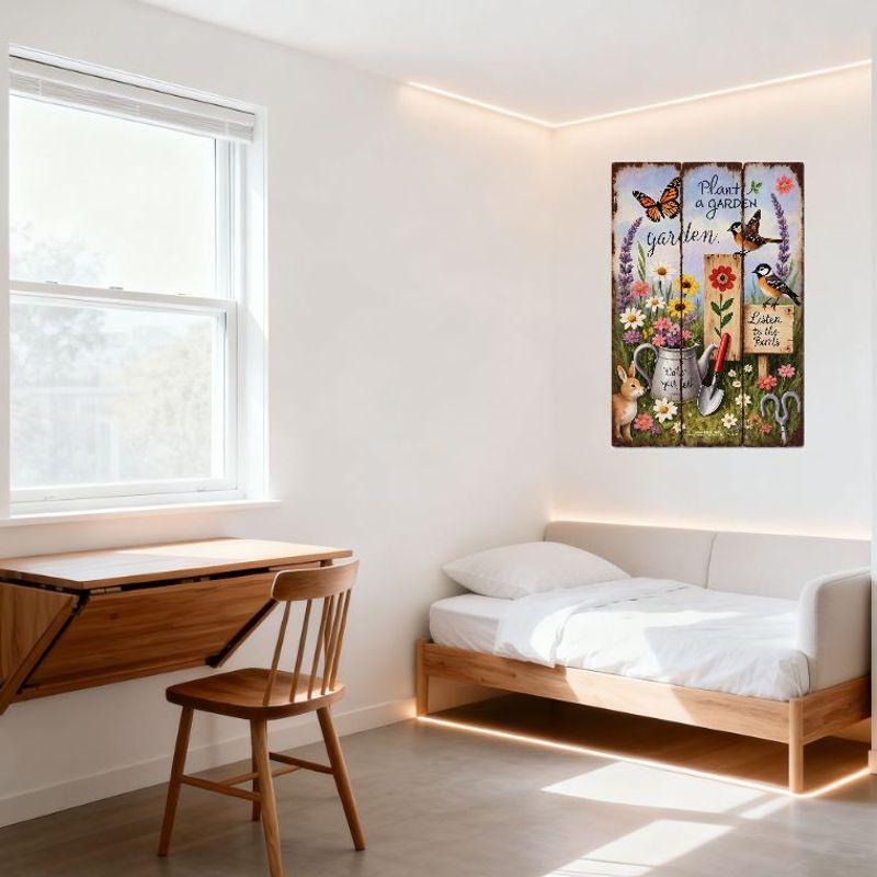 Garten-Triptychon Metallblechschild Skuriler Monarchfalter Meisen Vögel Blumen Wanddekoration für Zuhause Garten Büro Wohnzimmer