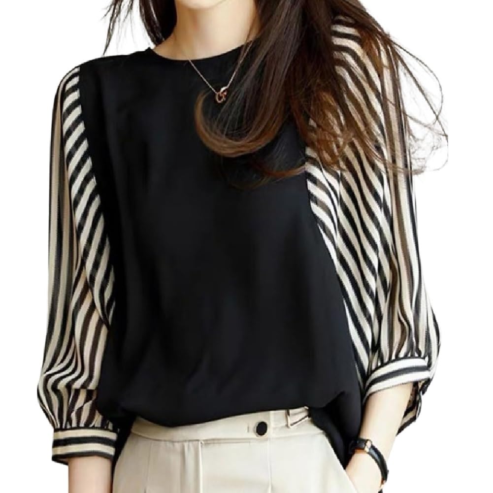 

Tunic Mixed Loose Fall Black with [RREMN] Women s Top, Material, 3/4 Sleeves, Fit, Spring, Summer, (L, Stripes)