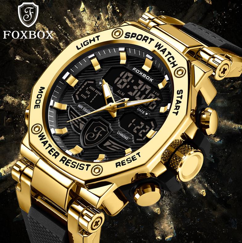 For FB0062 Luxury Gold Sport Watch Men 50m Waterproof Quartz Luminous Hands Chronograph Digital Watch Alarm Stop Silicone Watch