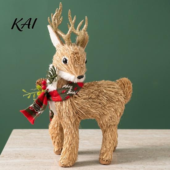Rustic Festive Home Decor Handmade Straw Deer/Squirrel Christmas Ornaments with Scarf, Retro Pastoral Style Handcrafted Seasonal Gift Items