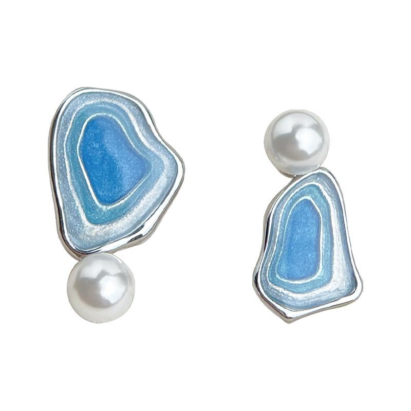 925 Silver Needle Asymmetric Salt Lake Earrings Irregular Blue Enamel Pearl Dangle Stud Earrings Women Fashion Jewelry синий