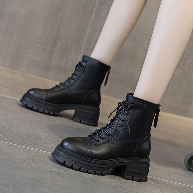 Autumn Winter Women's Thick Sole Boots Microfiber Leather New Motorcycle Boots Round Toe Chunky Shoes Winter Chelsea Boots 35-39