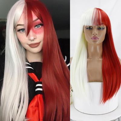 Women Long Straight Hair Wig with Bangs Half Color Synthetic Cosplay Wig Ombre Color Women Synthetic Hair