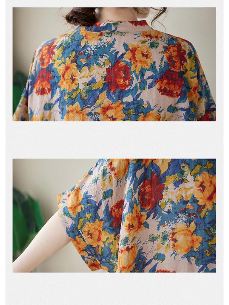 2024 Summer V-Neck Cotton & Linen Loose Retro Beach Dress for Women - Plus Size, Slimming, Long Robe Style