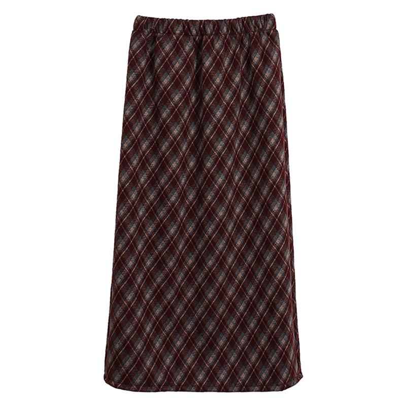 2024 Retro Plaid Fleece-Lined Wool Midi Skirt with High Waist & Back Slit