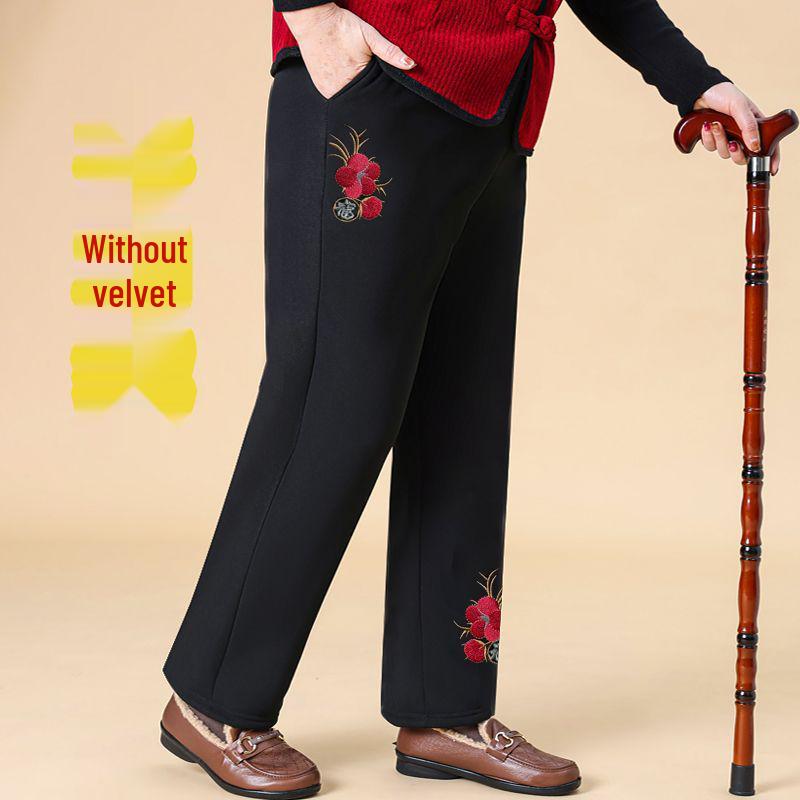Women's Winter Embroidered Floral Cotton Pants, Loose Fit, Elastic Waist, for Middle-Aged & Elderly, Plus Velvet, Straight-Leg.