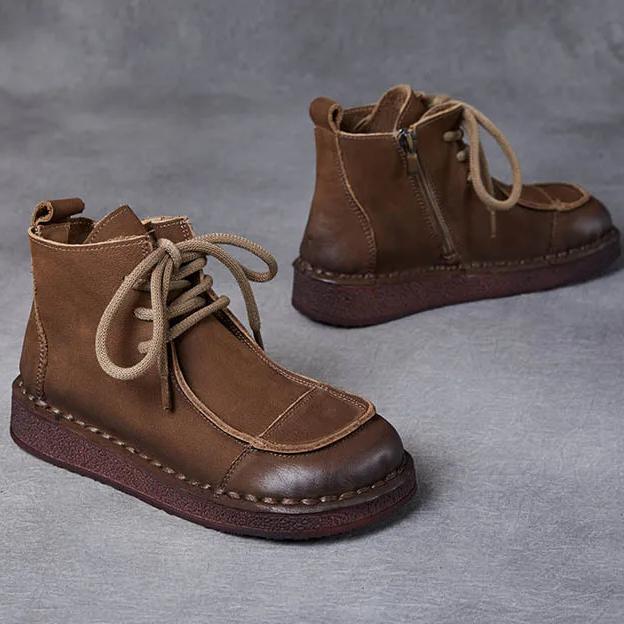 Johnature Genuine Leather Soft Soled Retro Women's Shoes Versatile Round Toe Lace Up Flat Ankle Boots