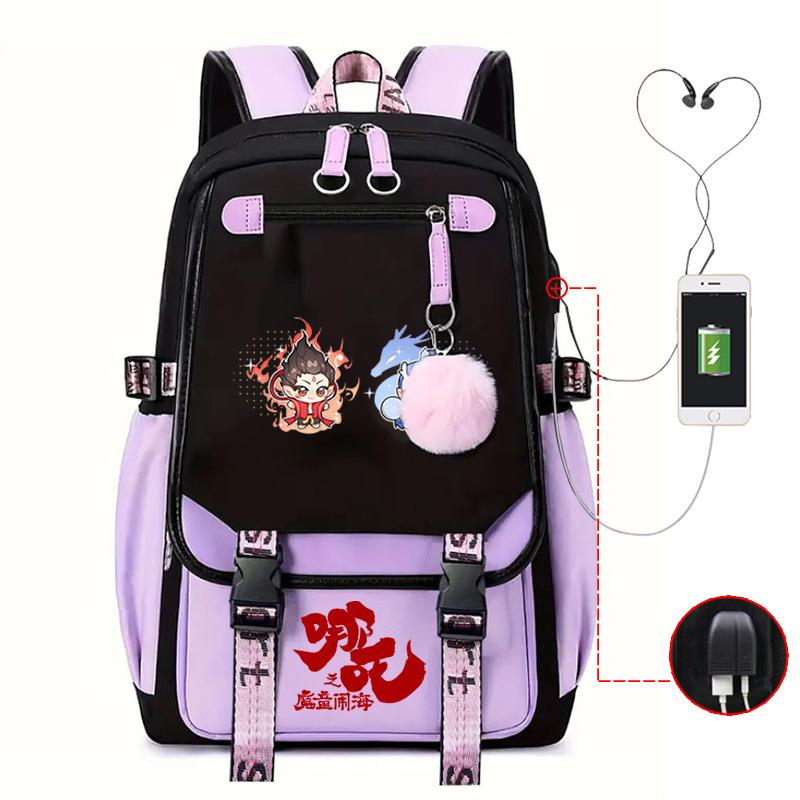 Cartoon Movie Nezha Printing Leisure Burden Reduction Travel Bag Backpack Multi-Function Large Capacity Usb Student Schoolbag