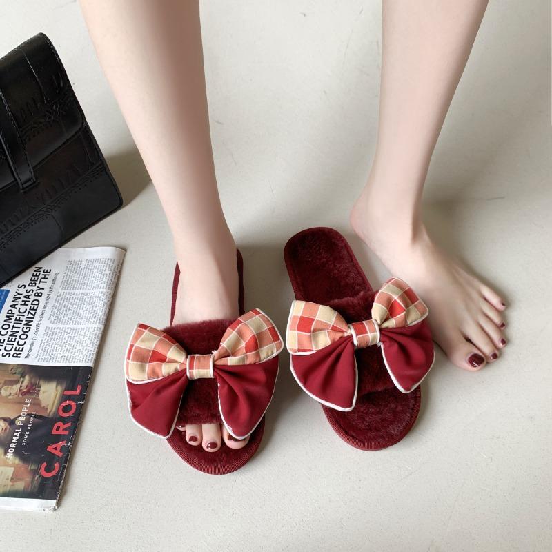 Fashion Casual Fluffy Slippers Women House Flats Fashion Winter Bowknot Designer Shoes Ladies Home Plush Platform Elegant Footwear 2025