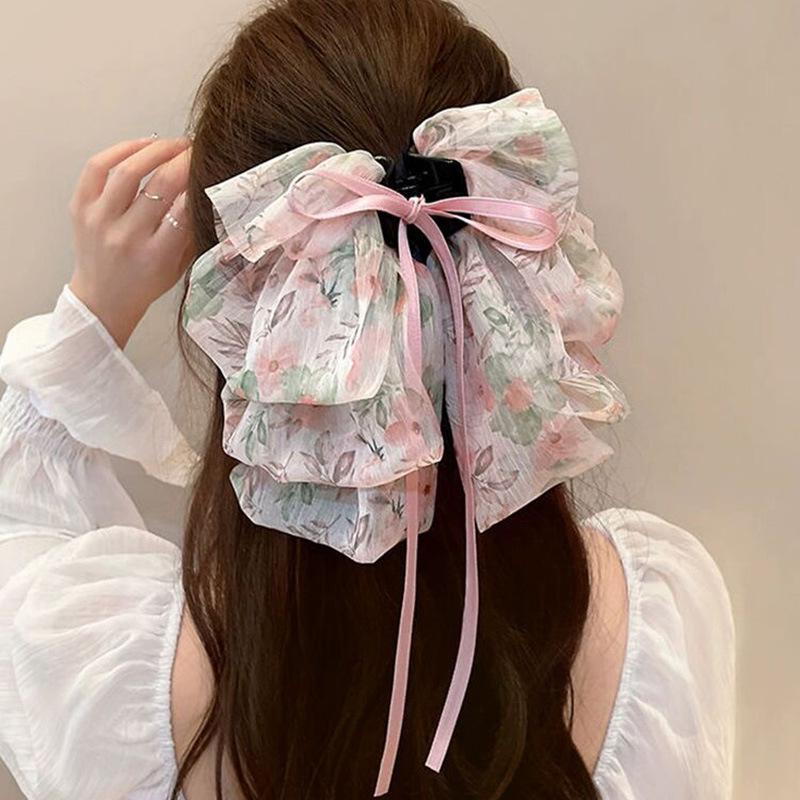 Koreanische florale Schleifen-Klauen-Haarspange für Frauen - Süßer Stil, Halboffene Hochsteckfrisur, Ponytail-Accessoire