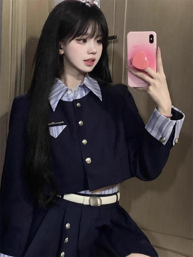 Navy Preppy Style Two-Piece Top: Slimming Long Sleeve Black Set for Women - Autumn/Winter Hot Girl Edit
