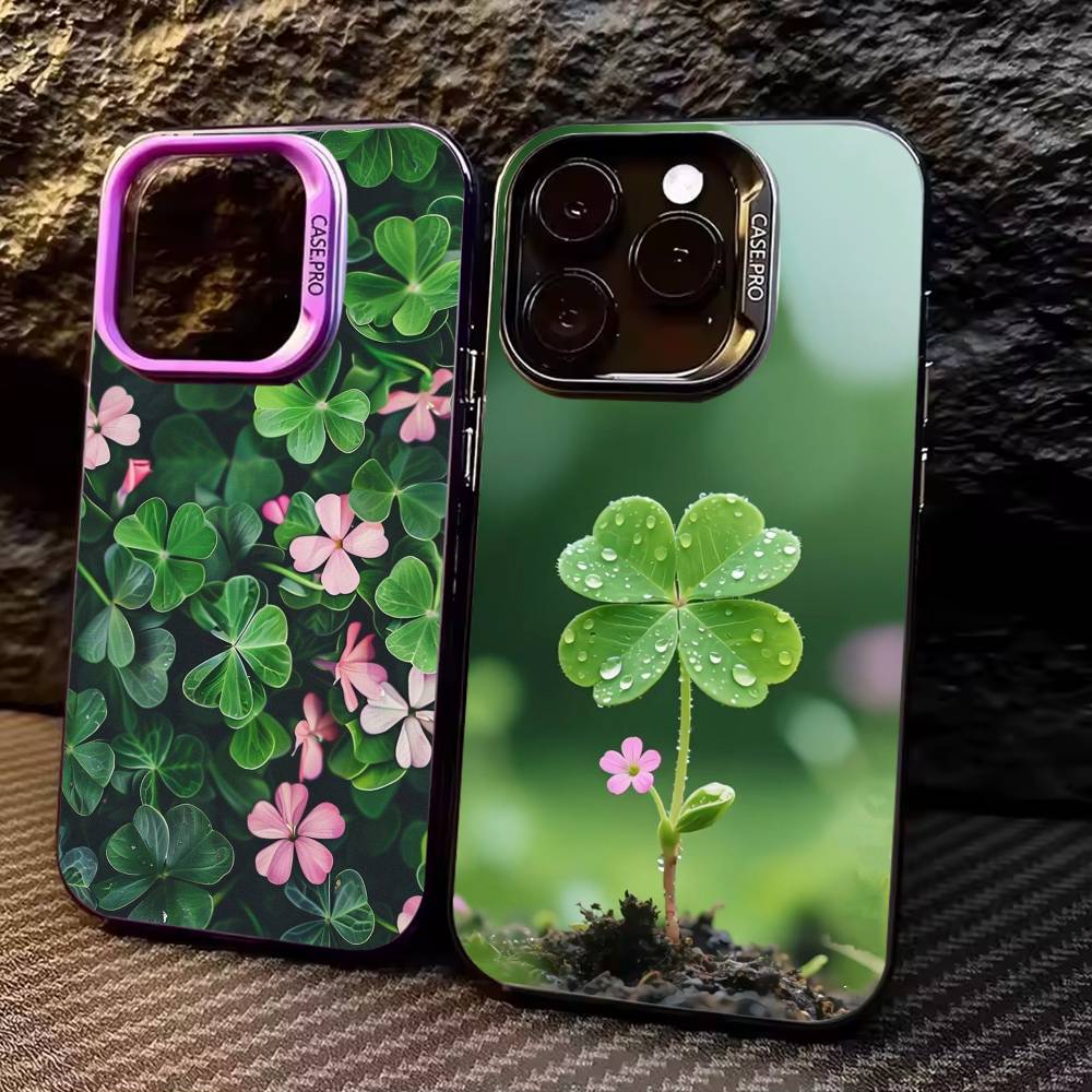 Lucky Four-Leaf Clover Phone Case For iPhone17,16,15,14,13,12,11 Plus,Pro Max Colored Silver Plated Inside Cover