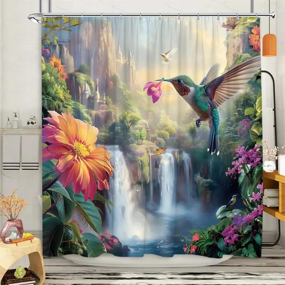 

Hummingbird Shower Curtain Floral Botanical Farm Landscape Vintage Jungle Modern Home Polyester Fabric Bathroom Decor Curtains 180x180cm-70x70in