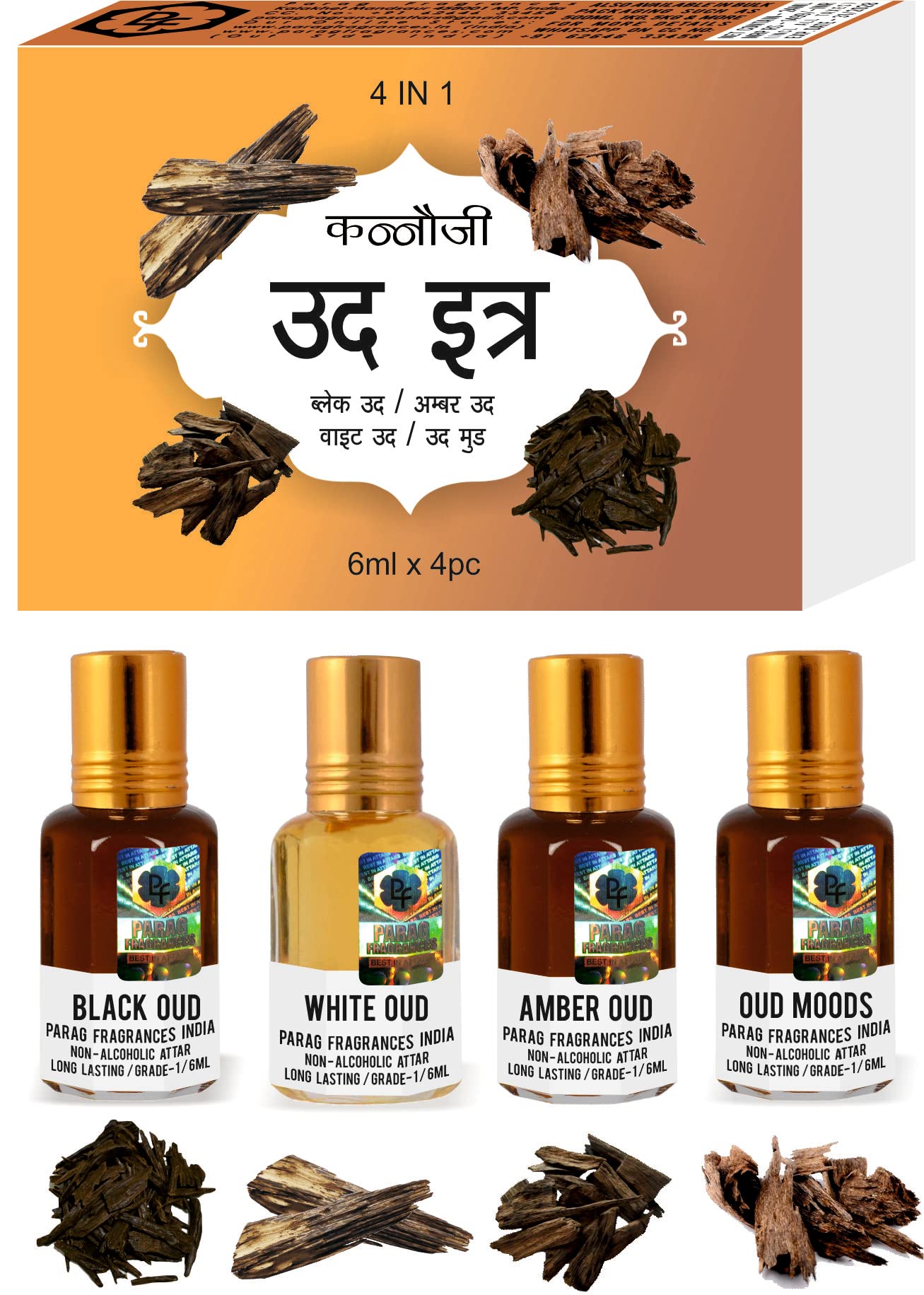 Parag Fragrances 4 в 1 Настоящий, Натуральный и Стойкий Ароматный Набор Аттаров (Ограниченное время/количество) (Кастури/Сандал/Уд/Раатрани)