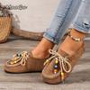 Fashion Women's Slip-On Loafers Soft Bottom Suede Leather Ethnic Style Flats Beaded Lace Up Casual Comfortable Footwear Autumn Shoes