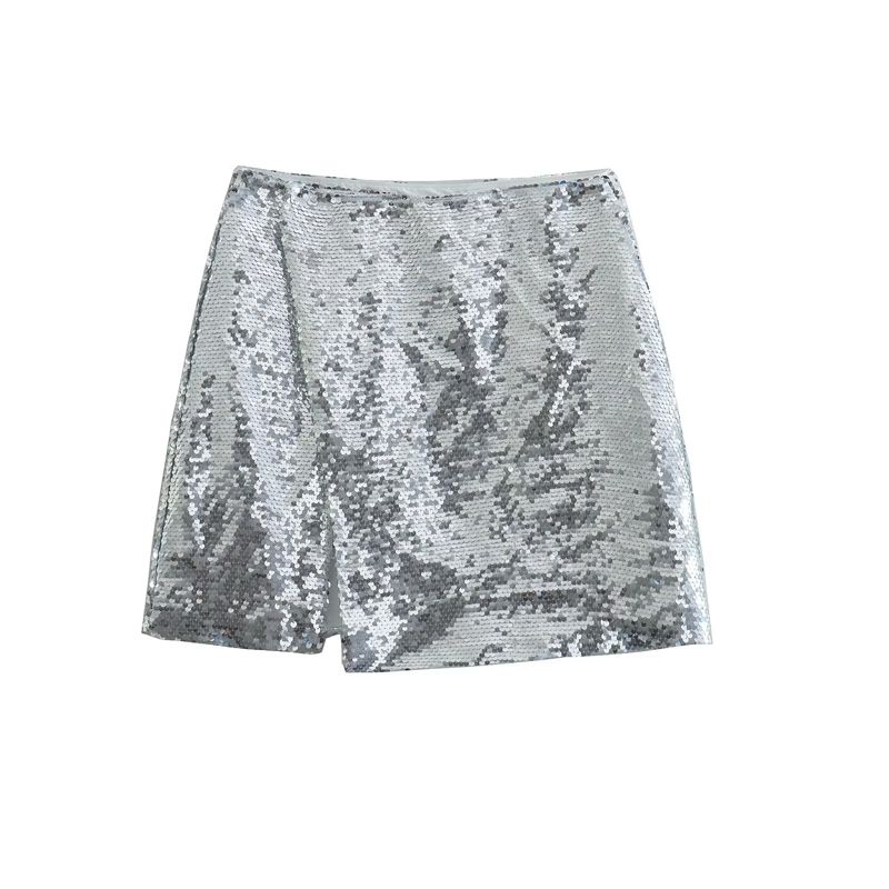 

Spring New Arrival French Style New Arrival High Waist Slim Looking Christmas Banquet Annual Meeting Fancy Silver Paillette Split Skirt Silver L