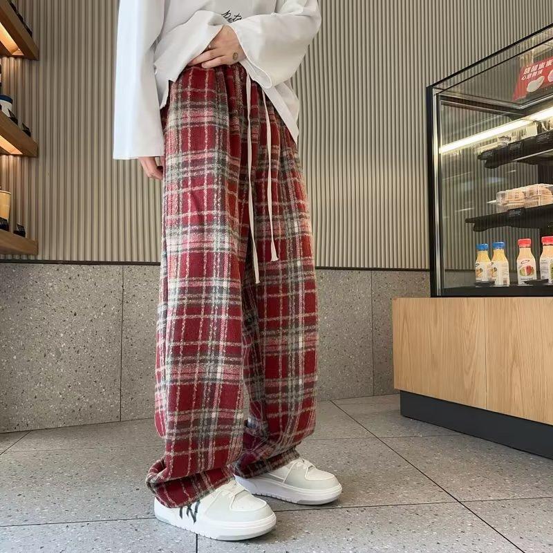 Plaid pants men's and women's spring and autumn classic retro Hong Kong style casual straight-leg pants, thin and narrow wide-leg pants