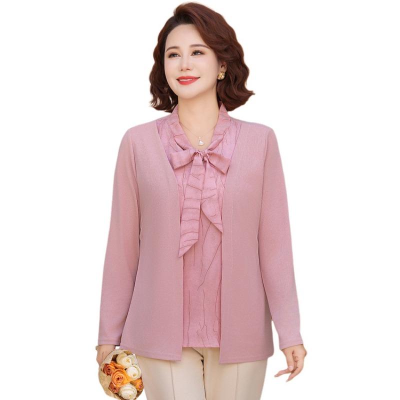 Mom spring and autumn knitted bottoming shirt spring top fashion fake two-piece fashion year-old women's clothing
