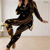 Women Plus Size Black Turquoise Gold Printed Front Zip Long Sleeve Two Piece Pants Set
