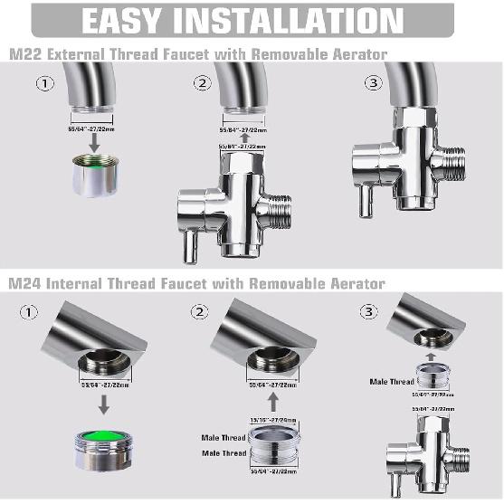 Brass Faucet Diverter Valve with Aerator, Faucet Adapter for Sink Hose Attachment, 3 Way Faucet Splitter with Male Thread Adapter, Faucet Connector