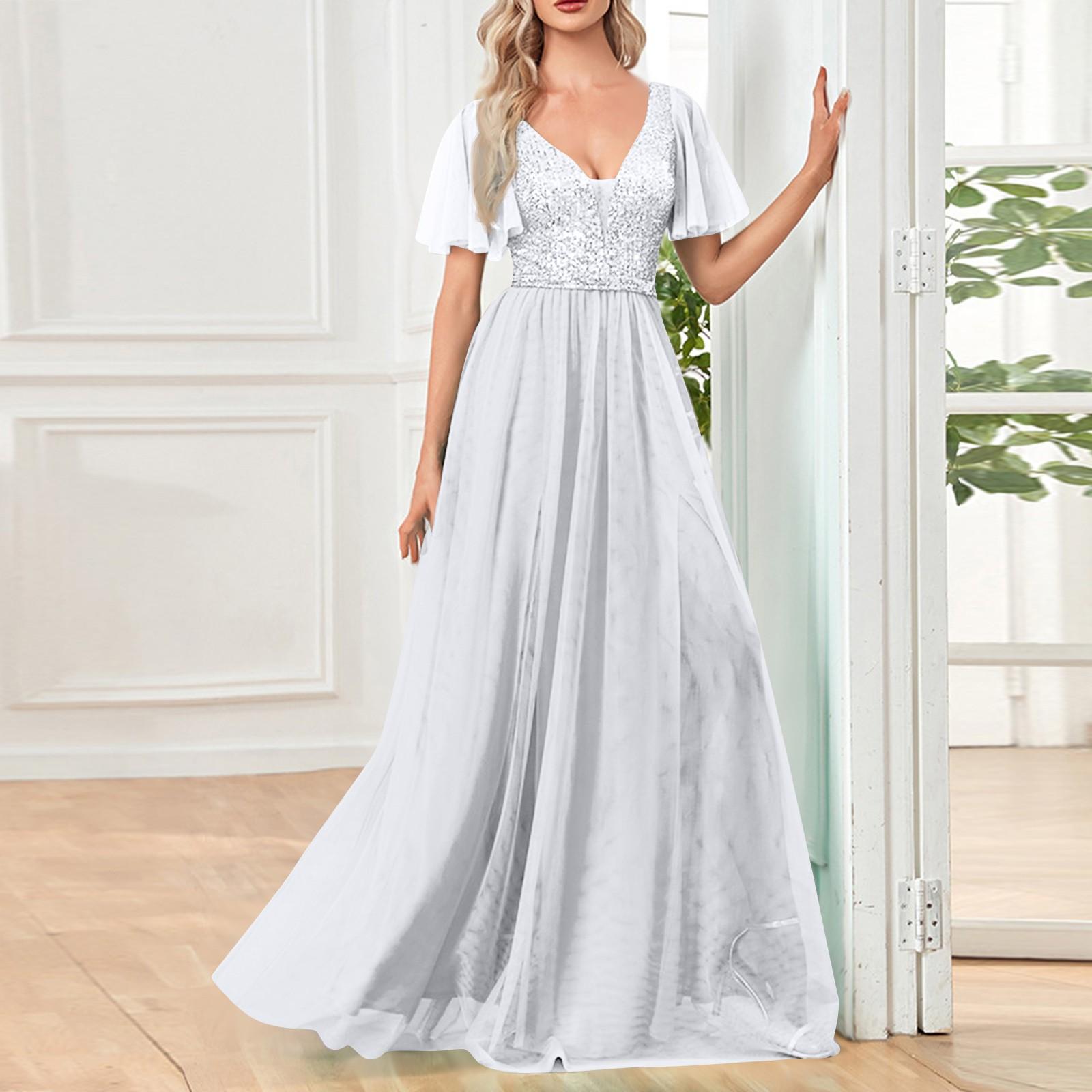 

Вечернее платье Банкетное сетчатое длинное платье-халат с V-образным вырезом Сексуальное длинное платье с короткими рукавами XXL белый