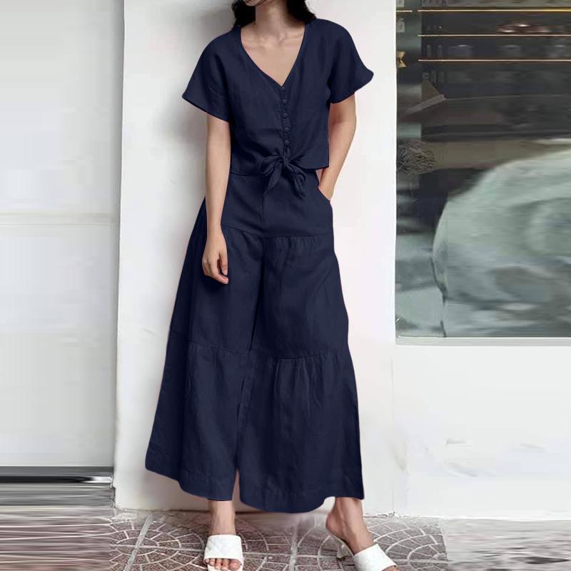 ZANZEA Women Short Sleeve Blouse and Wide Leg Pants Summer Two Piece Sets