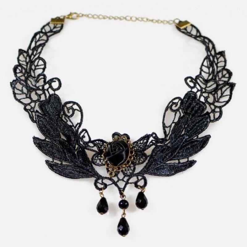 Black lace necklace Gothic lace necklace crystal pendant Halloween cosplay party diamond necklace women's jewelry