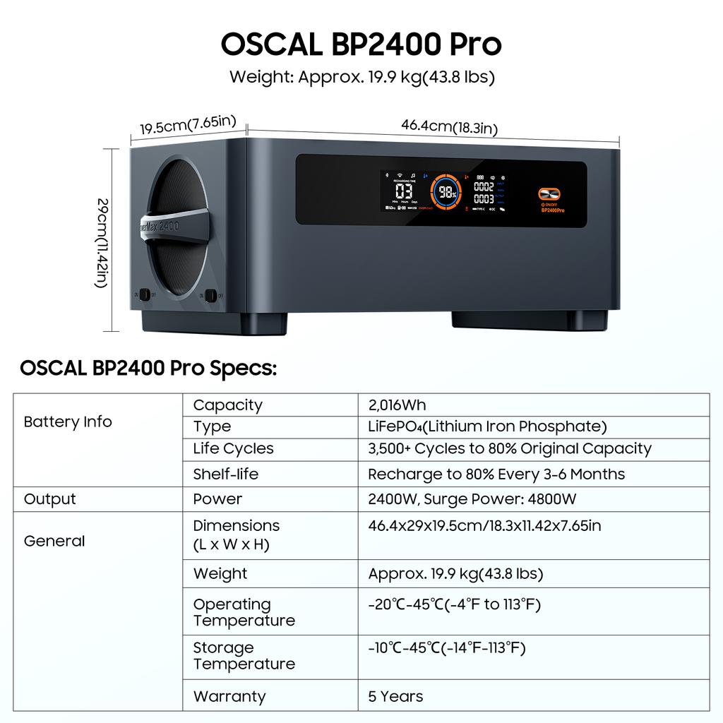 Oscal BP2400pro Stazione di Alimentazione Portatile 2016Wh Pacco Batteria di Espansione per Generatore Solare PowerMax 2400 pro, Controllo e Monitoraggio tramite App Intelligente