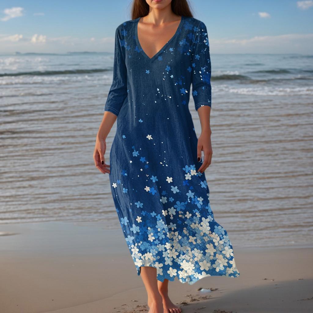 Women's Vintage Print Tunic Waisted Midi Dress Summer Casual 3/4 Sleeve Dress Dress