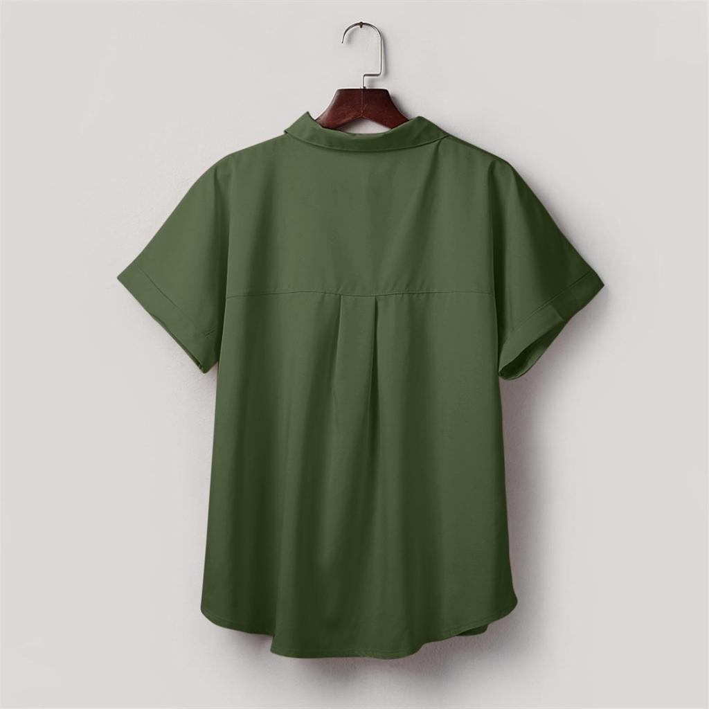 Damen Kurzarmhemden Einfarbig Casual Button Down Bluse Tops Mit Brusttasche