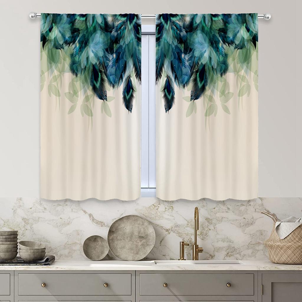 2pcs Feather Green Flowers, Study Room Kitchen Living Room Dorm Room Rod Pocket Top Window Drapes, Bedroom