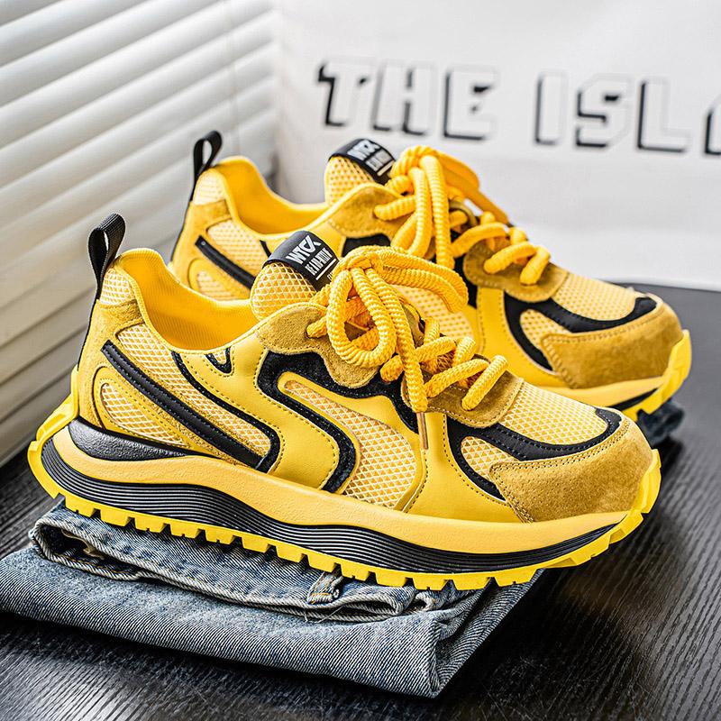 

Новые модные мужские кроссовки Four Seasons с толстой подошвой для студентов и мальчиков, трендовые кроссовки с мягкой подошвой, дышащие, повседневные кроссовки для бега 44 жёлтый