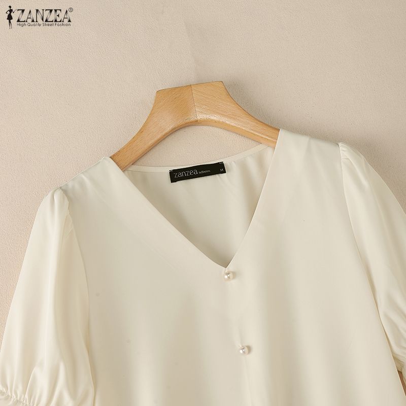 ZANZEA Women Casual V-Neck Solid Color Short Sleeve Blouse