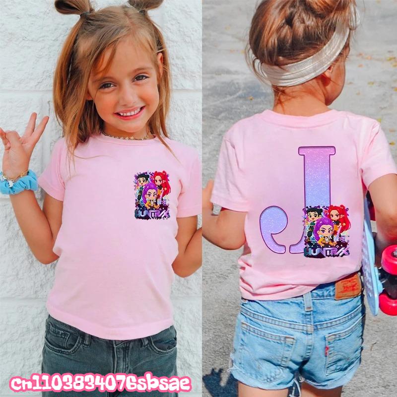 Fashion A-Z 26 Letter Print Kids Clothing Kpop Demon Hunters Graphic Y2k Tops Girls Boys Short Sleeve Tees Child T-shirts
