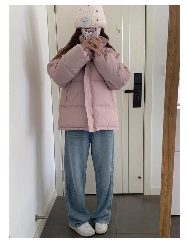 Women's Milky Pink Stand-Up Collar Down Jacket: Winter 2024, Loose, Thick College Style Coat.
