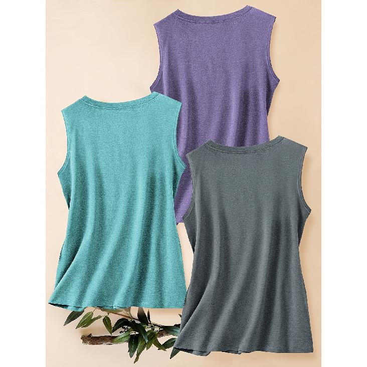 Three-piece Set of Women's Casual Sporty Tops with Landscape, Tree, Sun, and Mountain Peak Prints In a Fashionable Retro Style, Round-neck Tank Tops