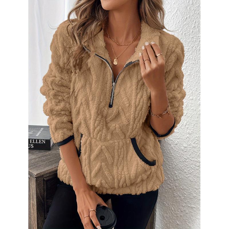 New Autumn Winter Lapel Jacquard Half Zipper Plush Pocket Short Sweatshirt Women