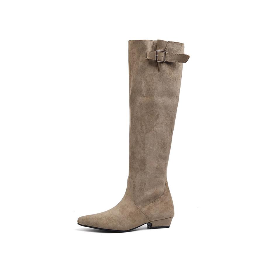 Boots Women s Pile Boots French Tall Boots Coarse Heel Suede Khaki Boots 35