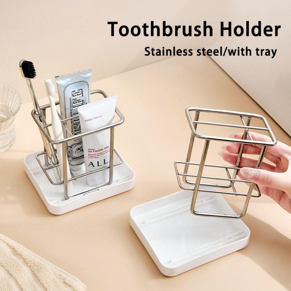 Simple Stainless Steel Toothbrush Holder with Tray Multi-functional Washbasin Storage Rack Drainage Storage Box Home