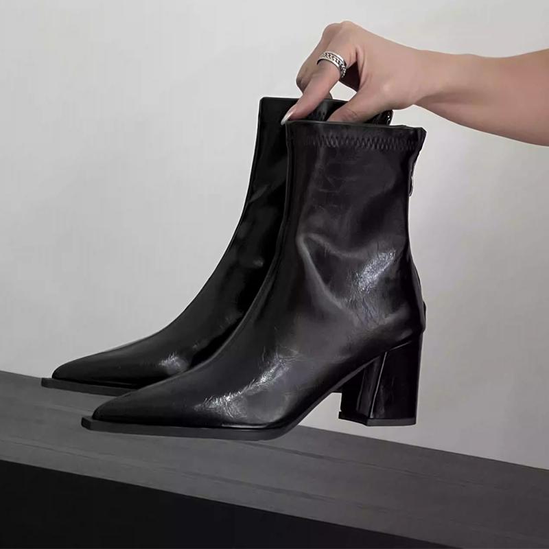 Elegant High top Heels Ankle for Women Pointed Toe Chunky Fashion Pumps New Leather Winter Mujer De Botas 37 5150₽